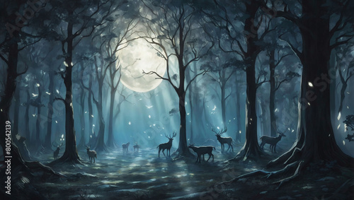 Ethereal illustration of a moonlit forest, with silvery light casting long shadows among the trees and illuminating the nocturnal creatures that call it home photo