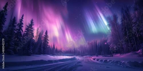 Purple Aurora Lights over Snow covered Landscape. Majestic Northern Lights Wallpaper with copy-space