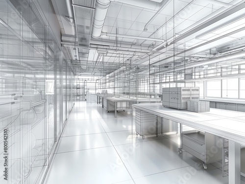 High-tech laboratory mesh wireframe, detailing equipment, workstations, and ventilation