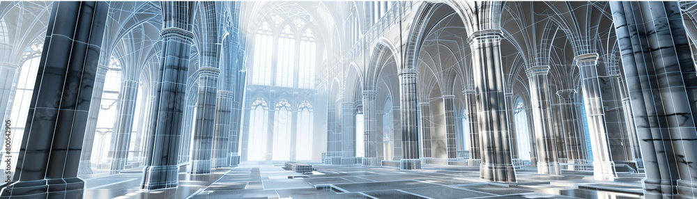Interactive mesh wireframe of a medieval cathedral, focusing on stained glass and architecture