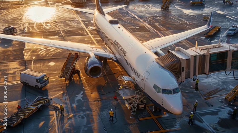 A commercial airliner parked at the gate with ground crew performing routine maintenance checks before its next flight, ensuring passenger safety and comfort