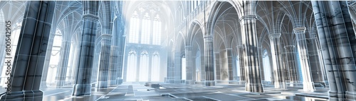 Interactive mesh wireframe of a medieval cathedral, focusing on stained glass and architecture