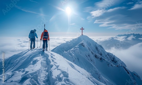 Two backcountry skiers hanging from the cross at the top of a peak. Achenkirch, Tirol, Austria photo