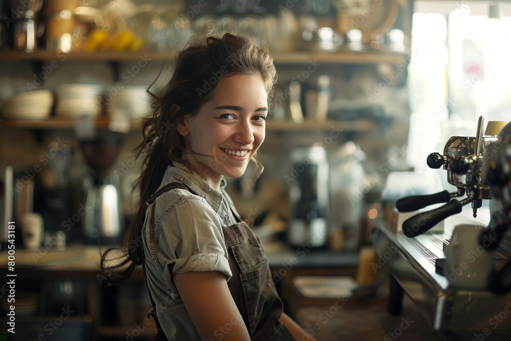 Beautiful female barista in the cafe Beautiful female barista in the cafe