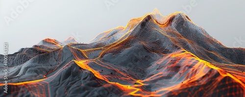 Interactive mesh wireframe of a volcanic mountain, showing internal chambers and lava flow paths