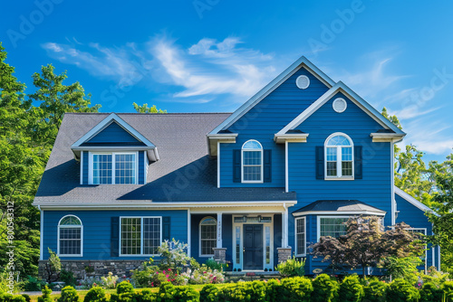 A bold blue house with siding, on a large, lush lot in a suburban area, features traditional windows and shutters against a backdrop of clear blue skies.