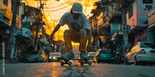 Filipino skateboarder rides longboard with urban lifestyle and street sport culture