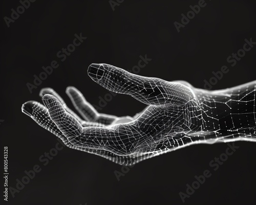 Interactive mesh wireframe of a human hand performing sign language