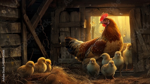 A cozy barn scene with mother hens and chicks nestled together in a warm corner, basking in the glow of maternal love. photo