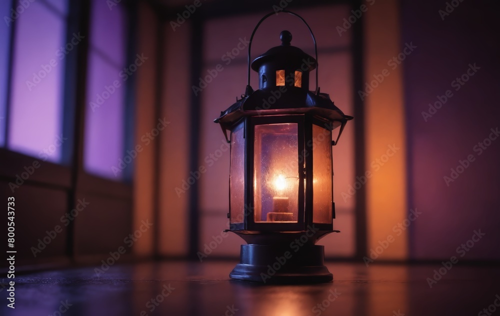 A lantern hangs from the ceiling, casting colorful light in the dark room A lantern hangs from the ceiling, casting colorful light in the dark room