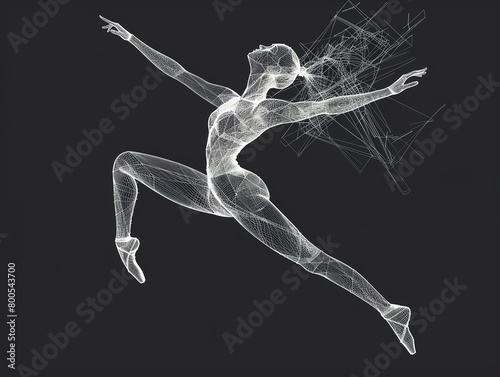 Mesh wireframe of a ballet dancer in mid-performance, capturing fluid motion