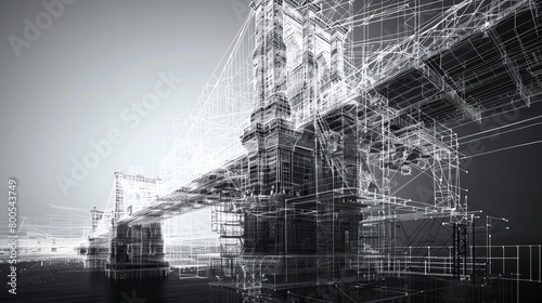 Mesh wireframe of a bridge under construction, showing phases and support structures