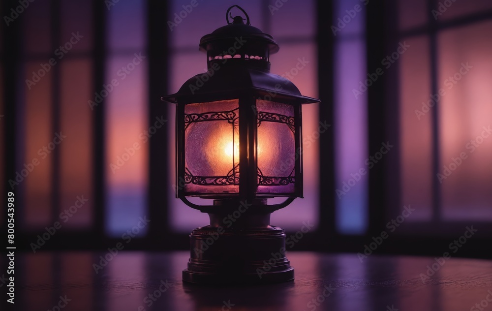 A lit lantern illuminates a dark room with warm shades and flickering light A lit lantern illuminates a dark room with warm shades and flickering light