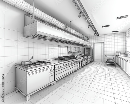 Mesh wireframe of a professional kitchen, detailing appliances, counters, and workflow