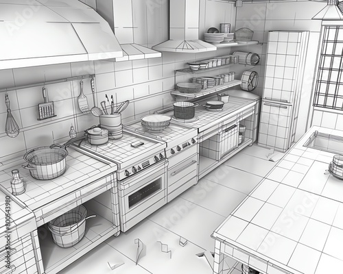 Mesh wireframe of a professional kitchen, detailing appliances, counters, and workflow