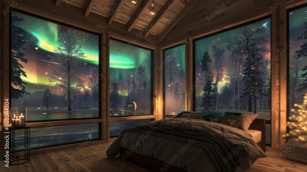 A cozy bedroom with large windows framing a stunning view of the northern lights, providing a dreamy backdrop for a peaceful night's sleep.