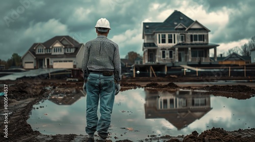 an engineer dressed in jeans and a shirt, donning a white helmet, standing in front of an unfinished house under construction, gazing ahead with a full-frontal view, against the backdrop © lililia