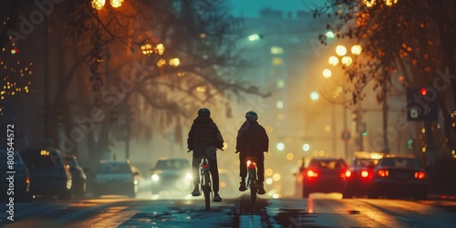 Two people riding a bicycle in the busy city on the evening © Павел Озарчук