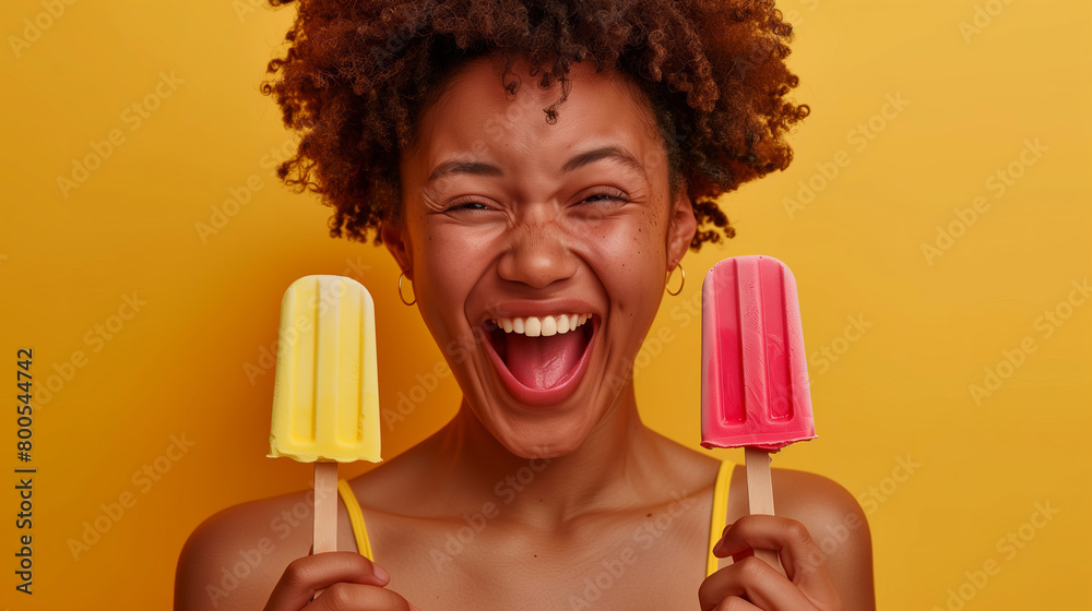 African-American woman with short curly hair holding ice cream popsicles in her hands. yellow background. fun atmosphere, advertising or promotion on social media African-American woman with short curly hair holding ice cream popsicles in her hands. yellow background. fun atmosphere, advertising or promotion on social media
