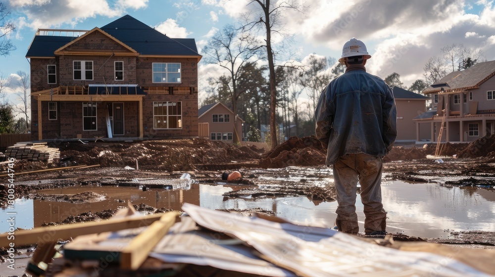 an engineer dressed in jeans and a shirt, donning a white helmet, standing in front of an unfinished house under construction, gazing ahead with a full-frontal view, against the backdrop