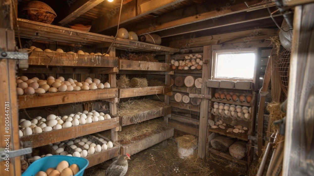 A cozy henhouse with nesting boxes filled with eggs, a testament to the tireless efforts of mother hens in providing for their flock.