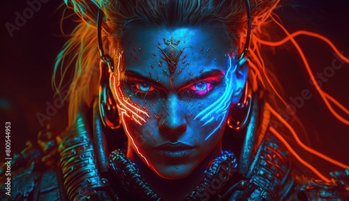 A closeup neon portrait of a fierce warrior with glowing eyes, with a focus on dynamic lighting, intricate details, and contrasting colors