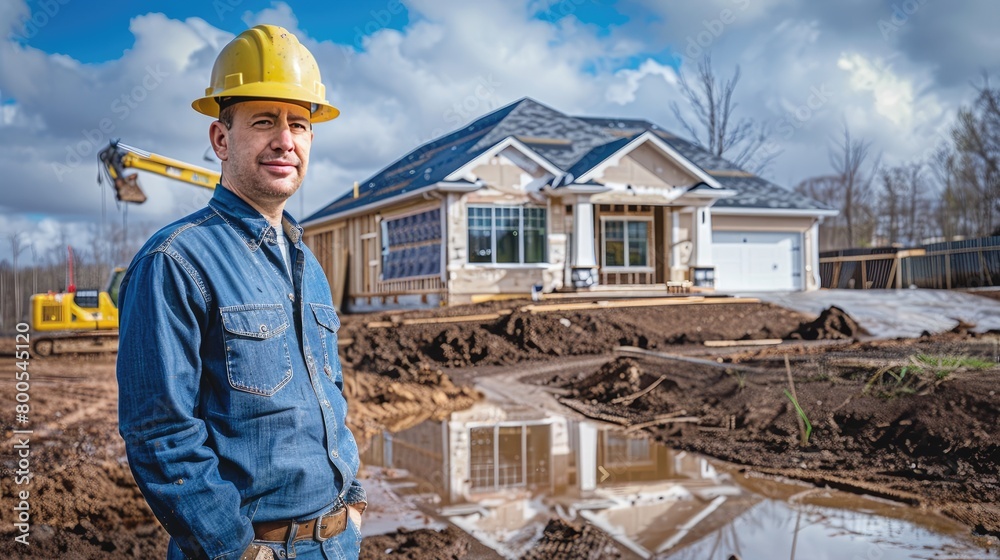 an engineer dressed in jeans and a shirt, donning a white helmet, standing in front of an unfinished house under construction, gazing ahead with a full-frontal view, against the backdrop an engineer dressed in jeans and a shirt, donning a white helmet, standing in front of an unfinished house under construction, gazing ahead with a full-frontal view, against the backdrop