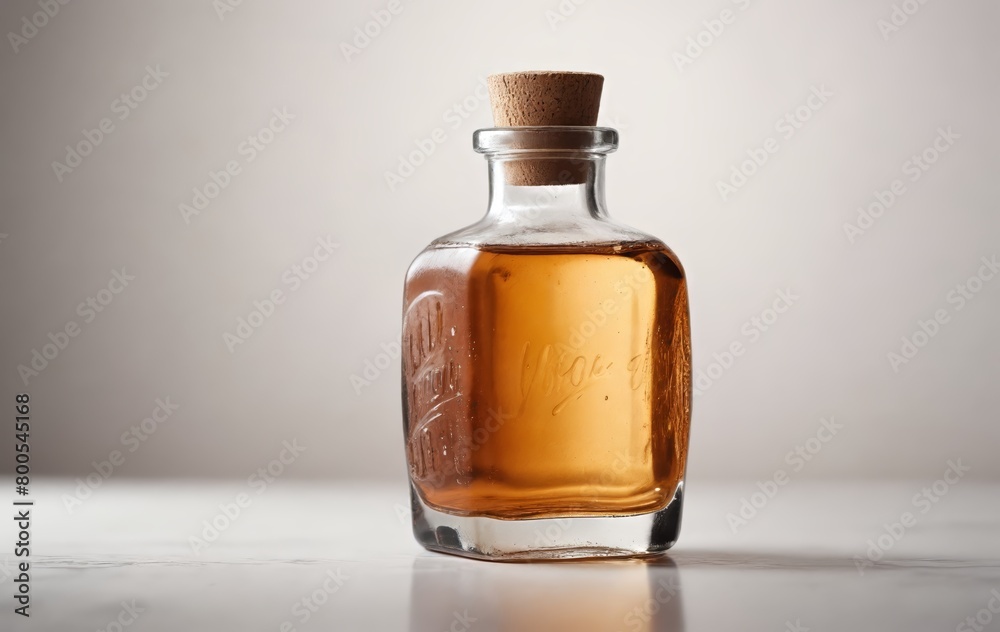 Amber glass bottle with cork lid holding brown liquid on table