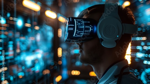 Man Experiencing Virtual Reality Within a High-Tech Environment