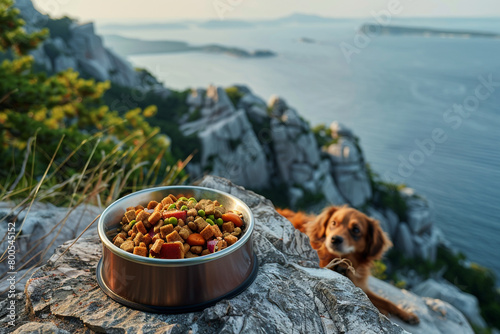 An adventure-themed dog meal, with a rugged, outdoor dog food setup including a durable, collapsible food bowl filled with high-energy, nutrient-rich dog food. photo