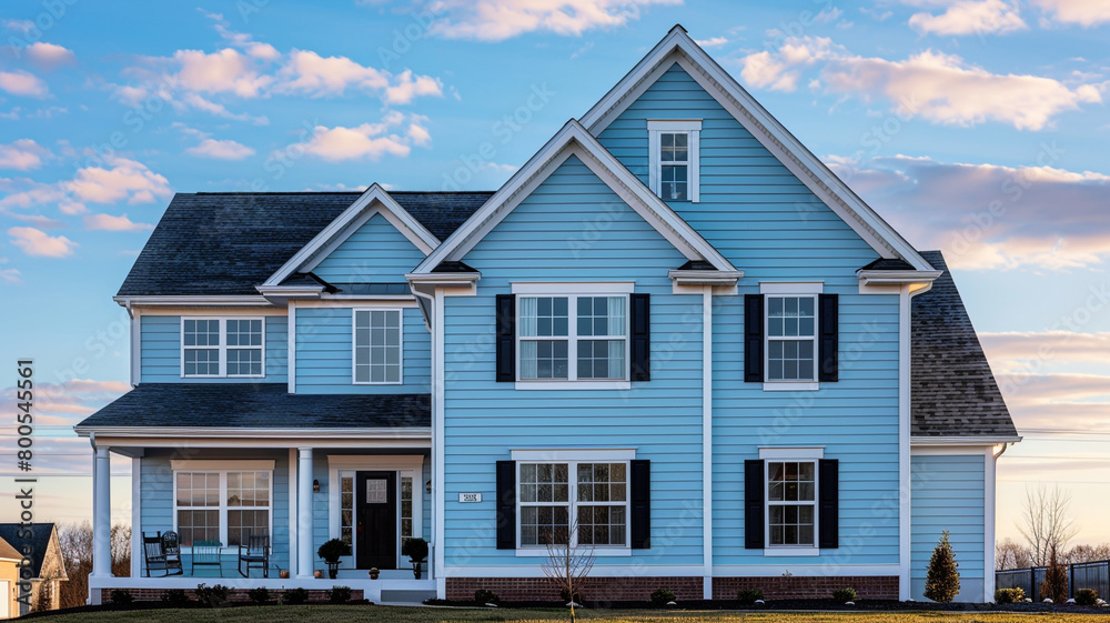 Against a backdrop of azure skies, a charming pale blue house with siding stands tall in the suburban neighborhood