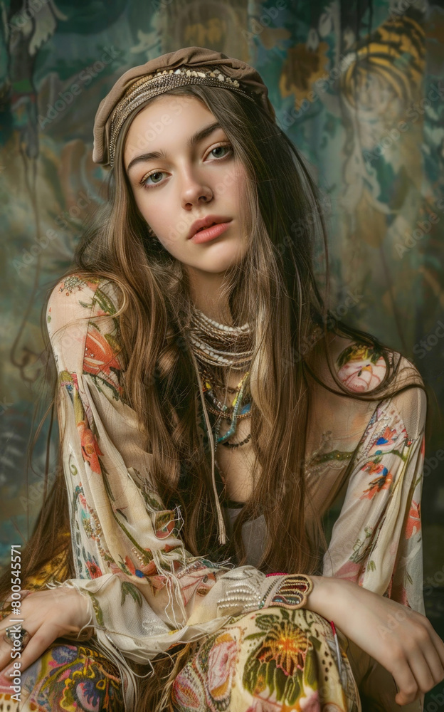 A young woman embraces bohemian fashion with free-spirited elegance and whimsy