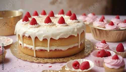 Partially-eaten vanilla birthday cake with raspberry decorations collapsing on gold foil doily with cupcakes in cupcake tin in right background.