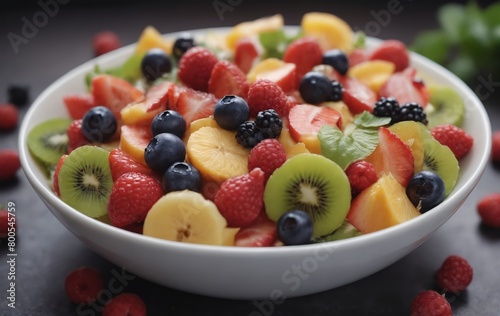 Glass bowl of fruit salad on wooden table  natural foods