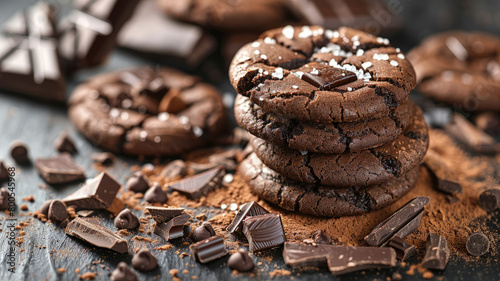 Two dark chocolate cookies with salt crystals photo