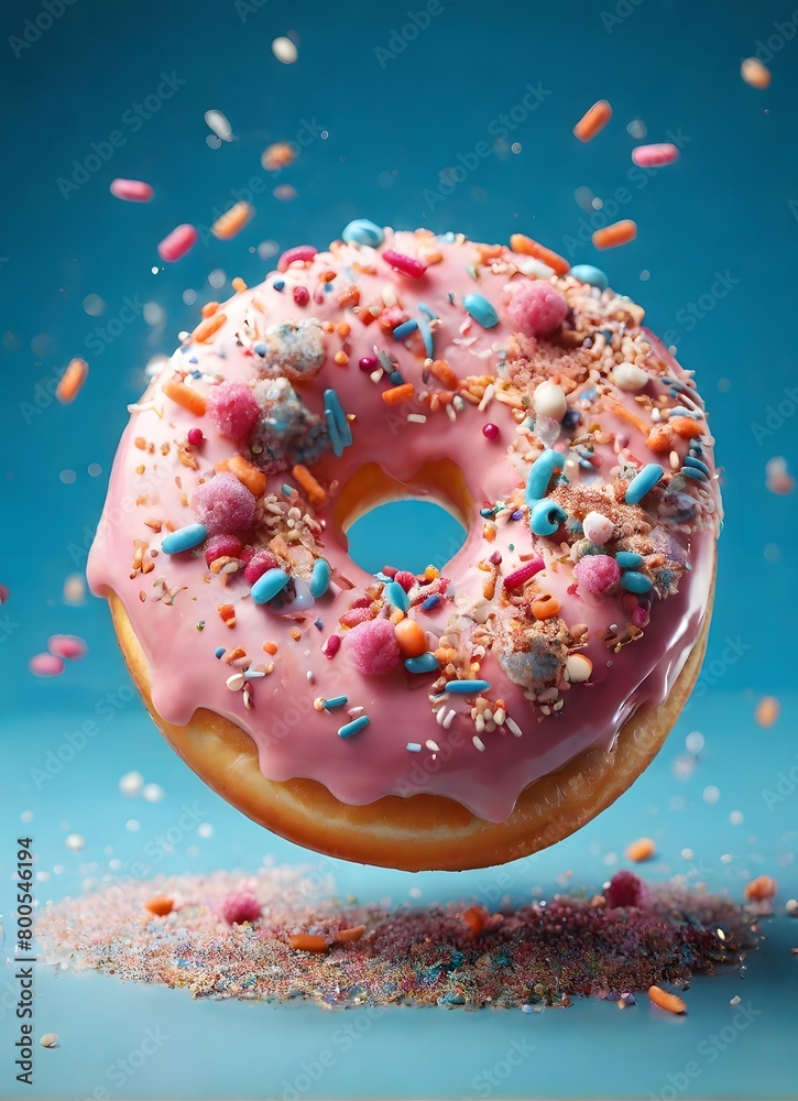 Donut with sprinkles on turquoise background