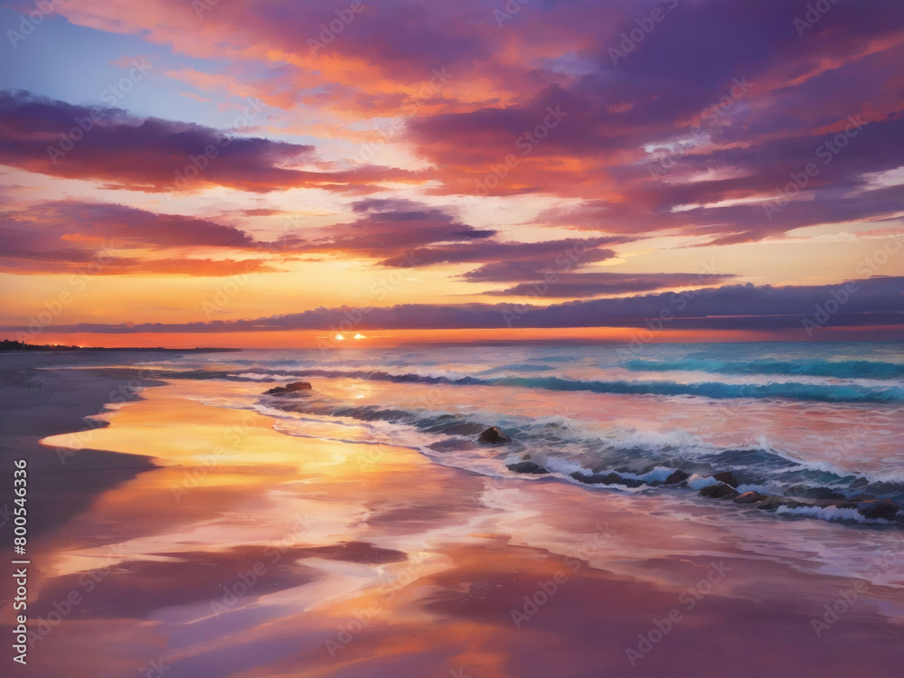 Seashore sunset radiance, The radiant colors of the sky reflected on the beach at dusk.