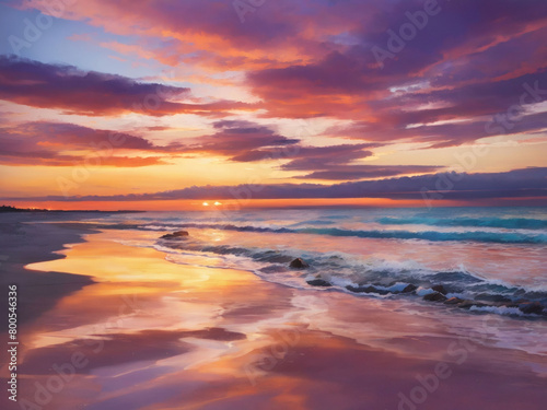 Seashore sunset radiance, The radiant colors of the sky reflected on the beach at dusk.