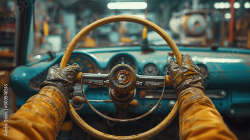 Hands on a vintage car's steering wheel. photo