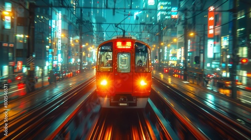 Red Train Moving Through Urban Nightscape