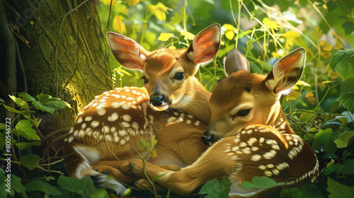 Furry fawns rest in a sun-dappled glen, surrounded by verdant foliage © Venka
