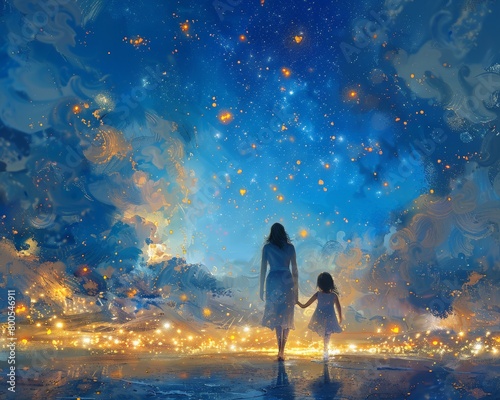 Fantasy art concept mother and child walking sparkles love 