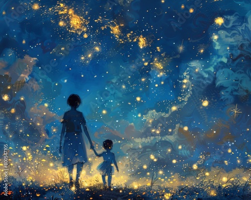 Fantasy art concept mother and child walking sparkles love 