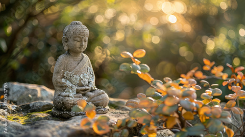 A Buddha statue in a garden setting