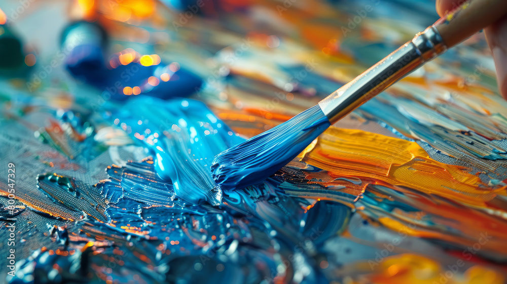 Fototapeta premium Close-up of a paintbrush on a colorful canvas