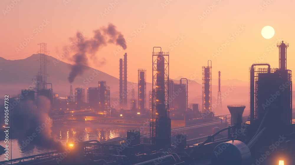 Dusky Sunset Over Mountainous Industrial Complex With Emissions