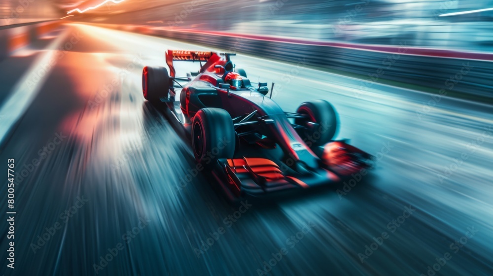 A dynamic shot of a racing car hurtling down a straightaway at top speed, leaving a blur of motion in its wake as it races towards victory.