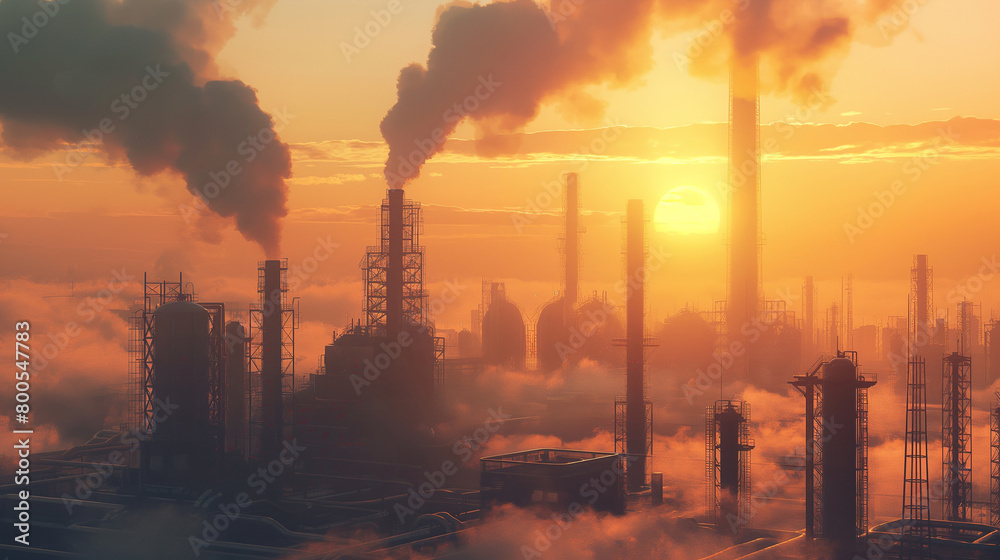 Misty Morning Light Shrouds Industrial Towers As They Begin Their Daily Operations Amidst Environmental Challenges