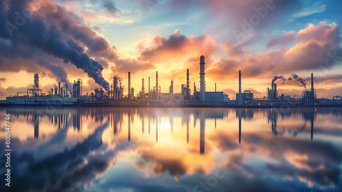 Serenity And Industry Merge As A Chemical Plant Reflects On Calm Waters Under A Sunrise-Streaked Sky