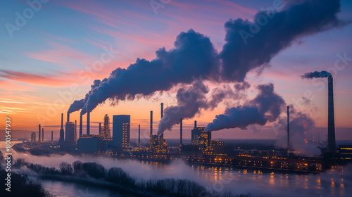 Smokestacks Rise Boldly Against The Vibrant Hues Of A Sunrise, Reflecting Industrial Might And Nature’s Beauty photo